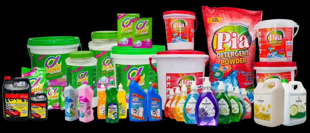 Rainbow Katanga product range: Alpha and Pia washing powders, Rainbow cleaners, ProVent handwash